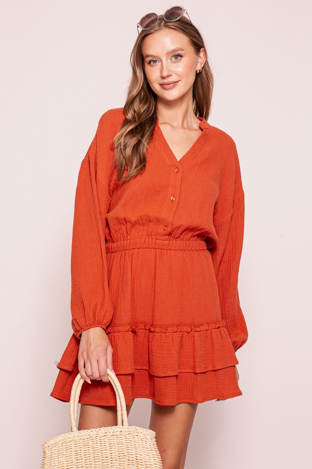 Rust Long Sleeve Tiered Ruffle Mini Dress