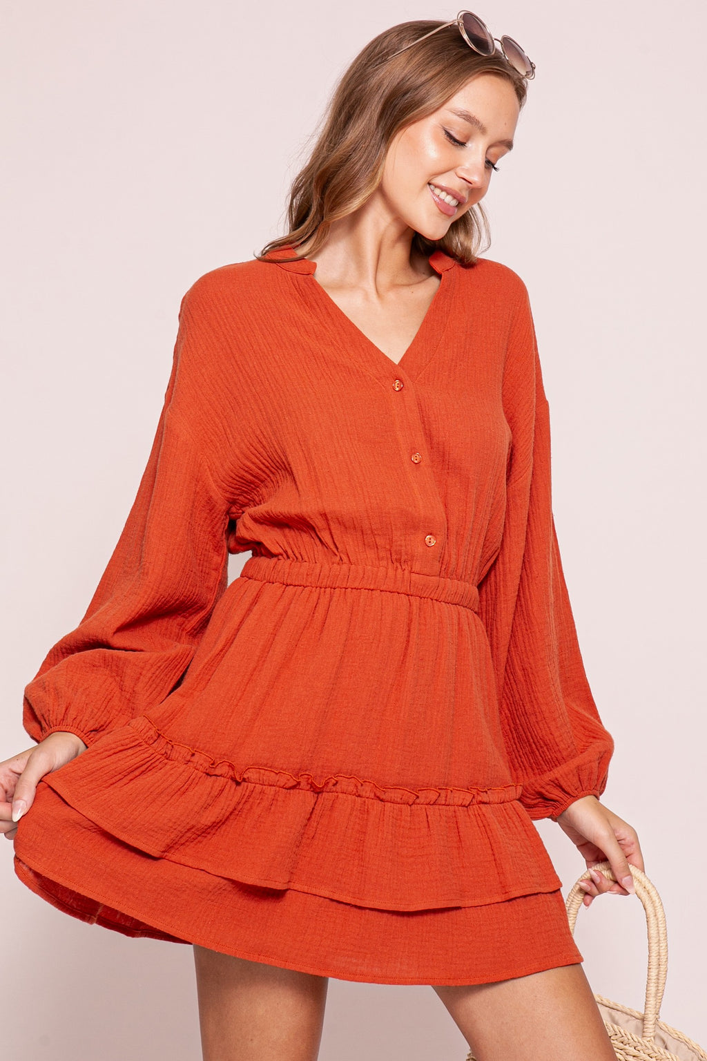 Rust Long Sleeve Tiered Ruffle Mini Dress
