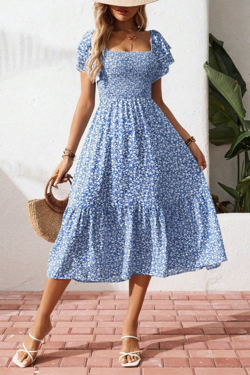 Blue Floral Smocked Square Neck Midi Dress