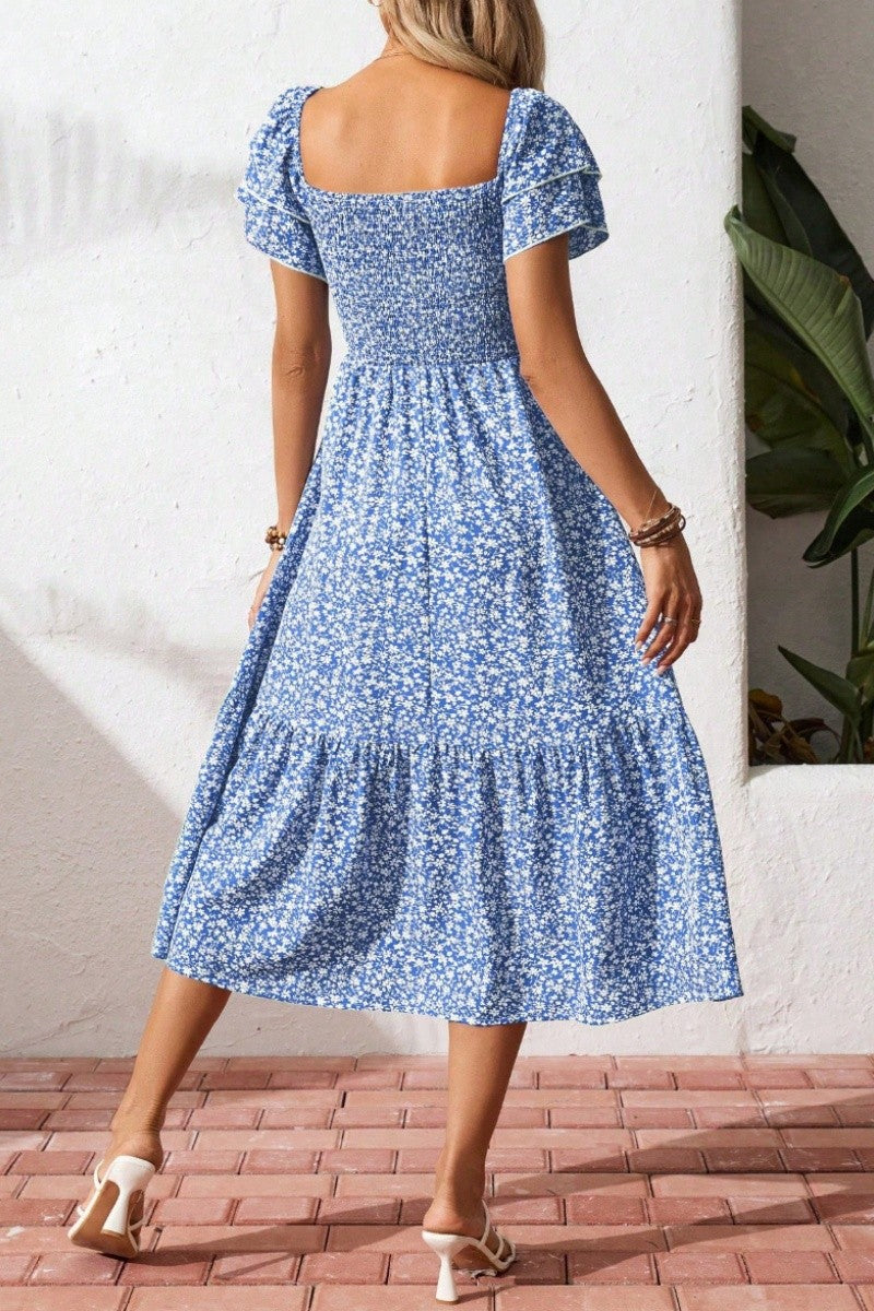 Blue Floral Smocked Square Neck Midi Dress