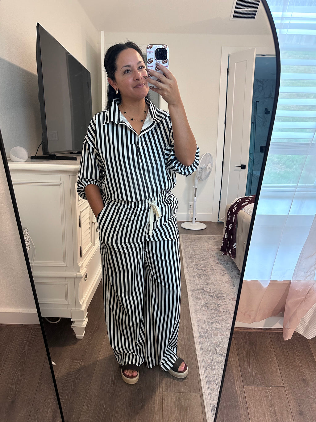 Black Striped Shirt Wide Leg Pants Two Piece Matching Set