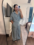 Black Striped Shirt Wide Leg Pants Two Piece Matching Set