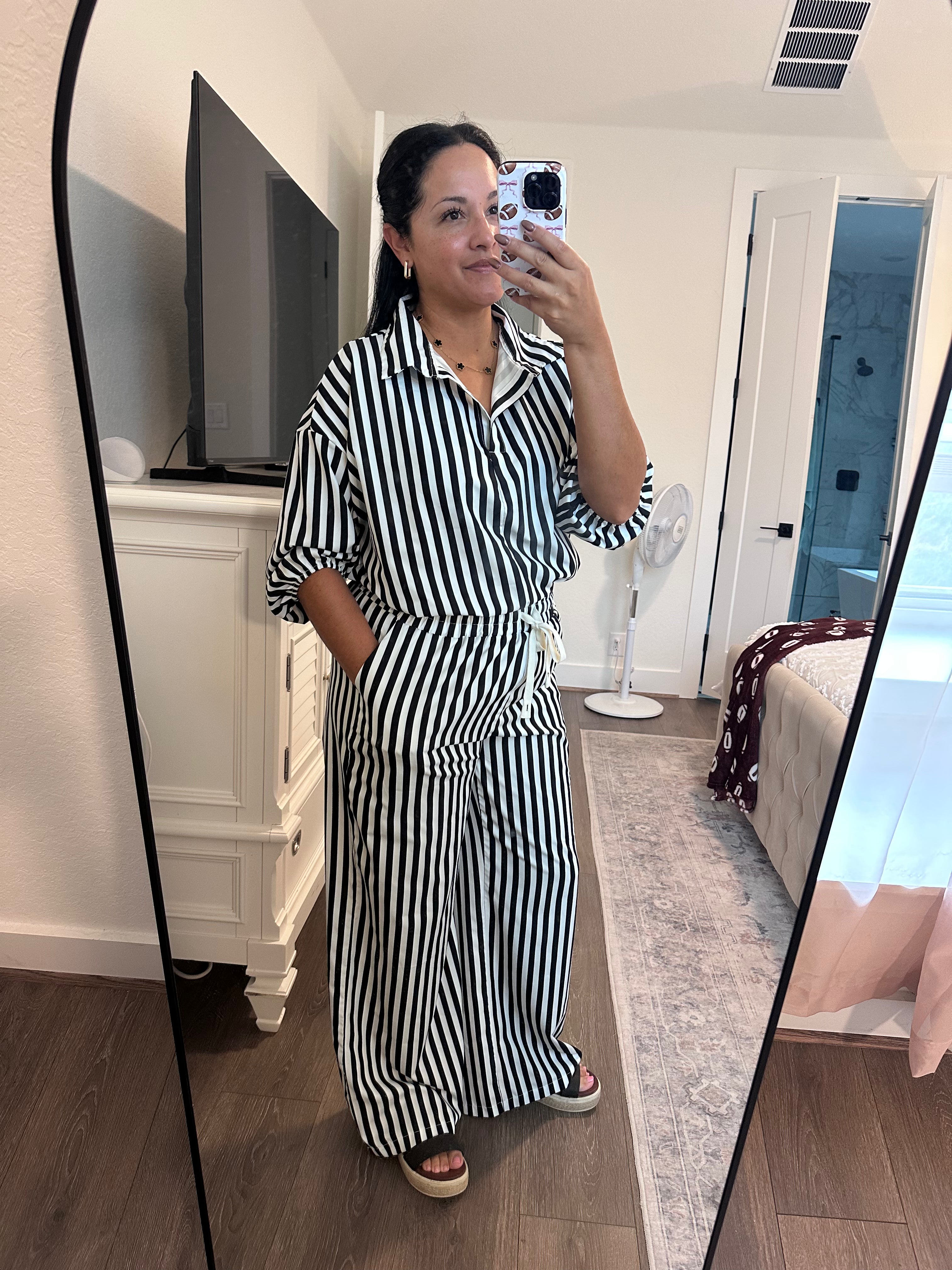Black Striped Shirt Wide Leg Pants Two Piece Matching Set
