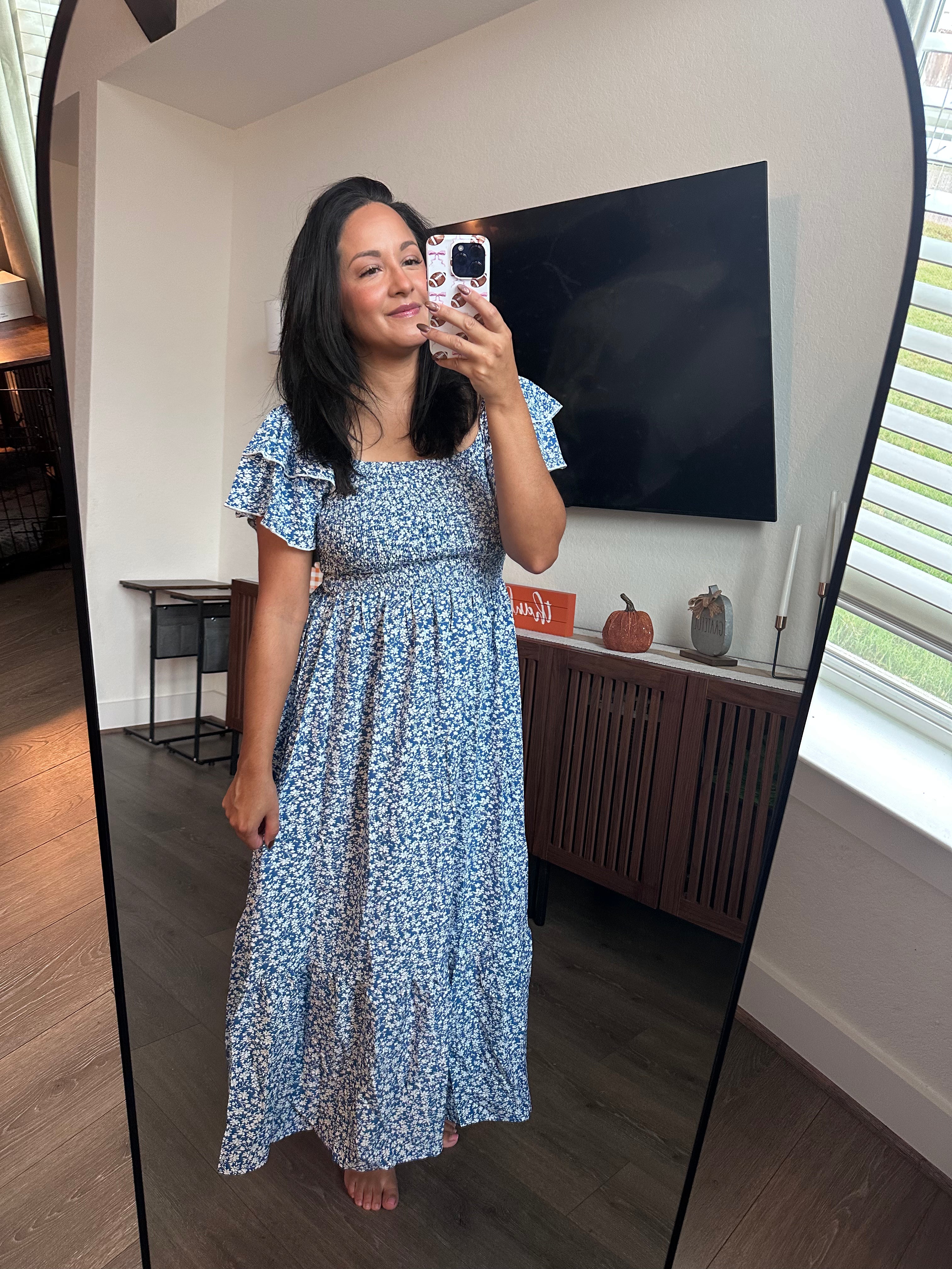 Blue Floral Smocked Square Neck Midi Dress