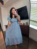 Blue Floral Smocked Square Neck Midi Dress
