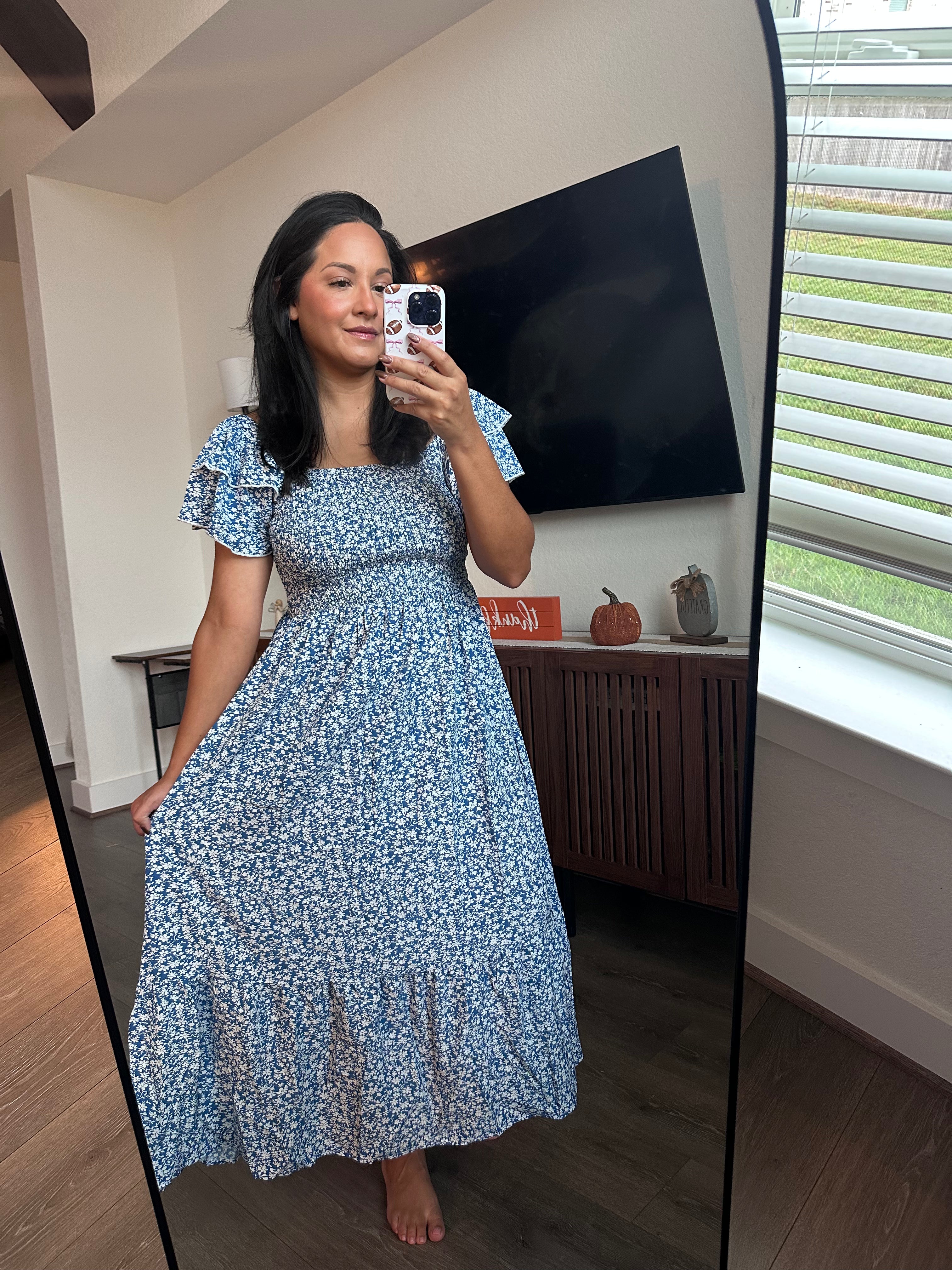 Blue Floral Smocked Square Neck Midi Dress