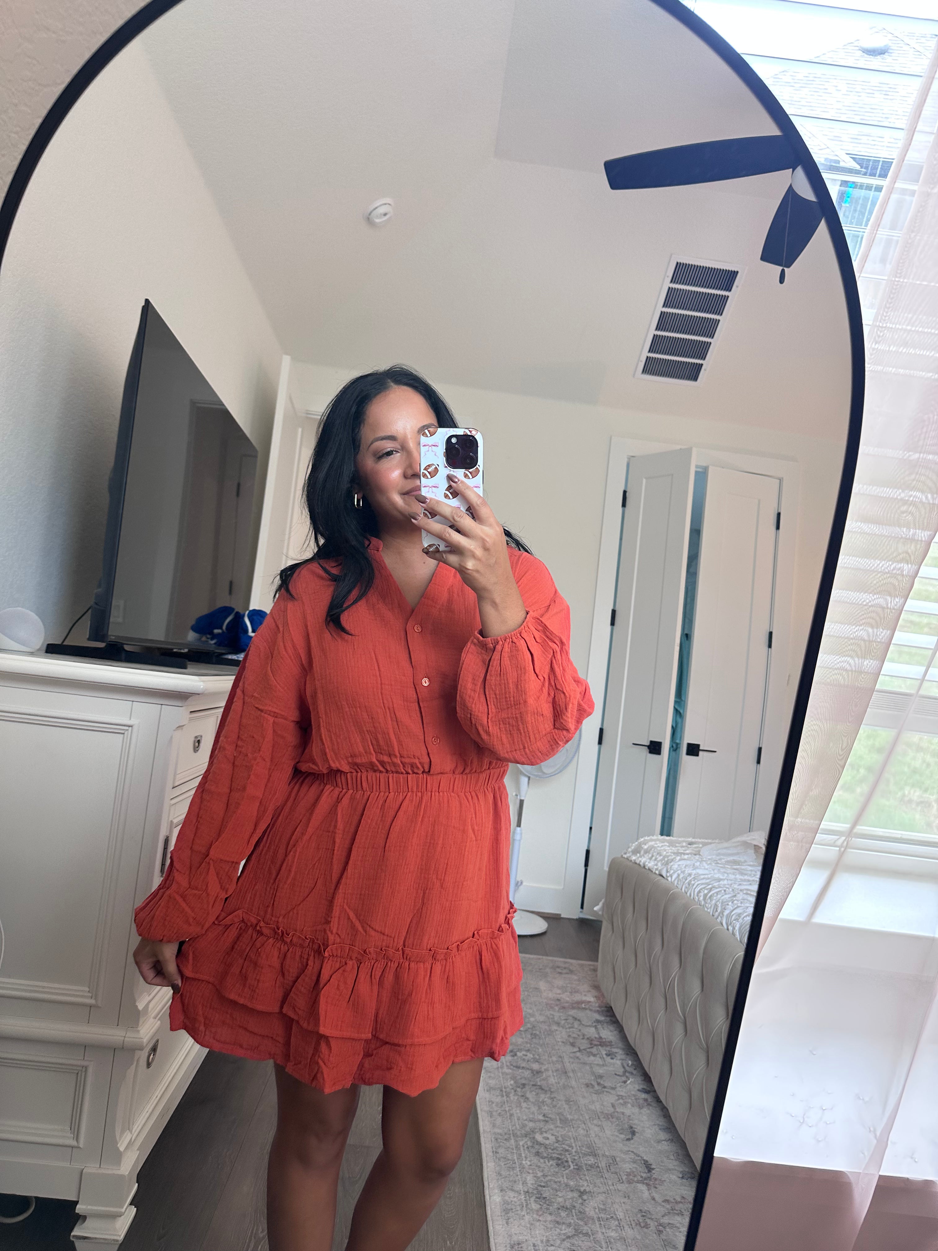 Rust Long Sleeve Tiered Ruffle Mini Dress