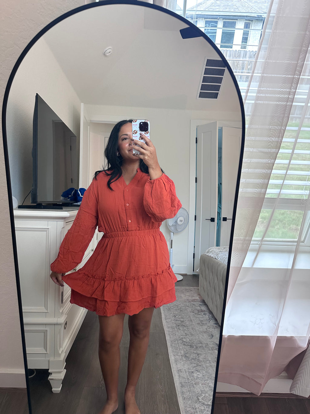 Rust Long Sleeve Tiered Ruffle Mini Dress