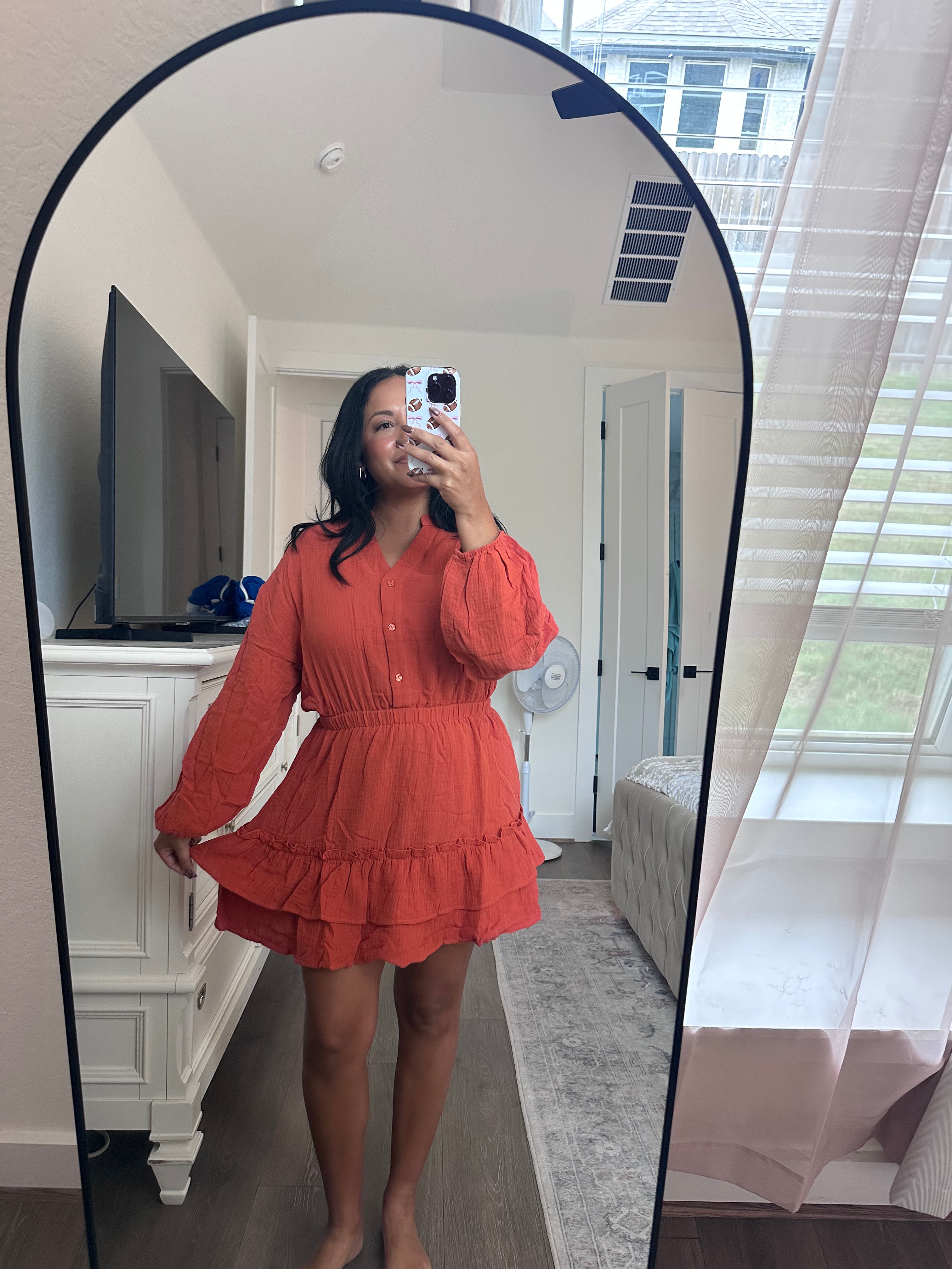 Rust Long Sleeve Tiered Ruffle Mini Dress
