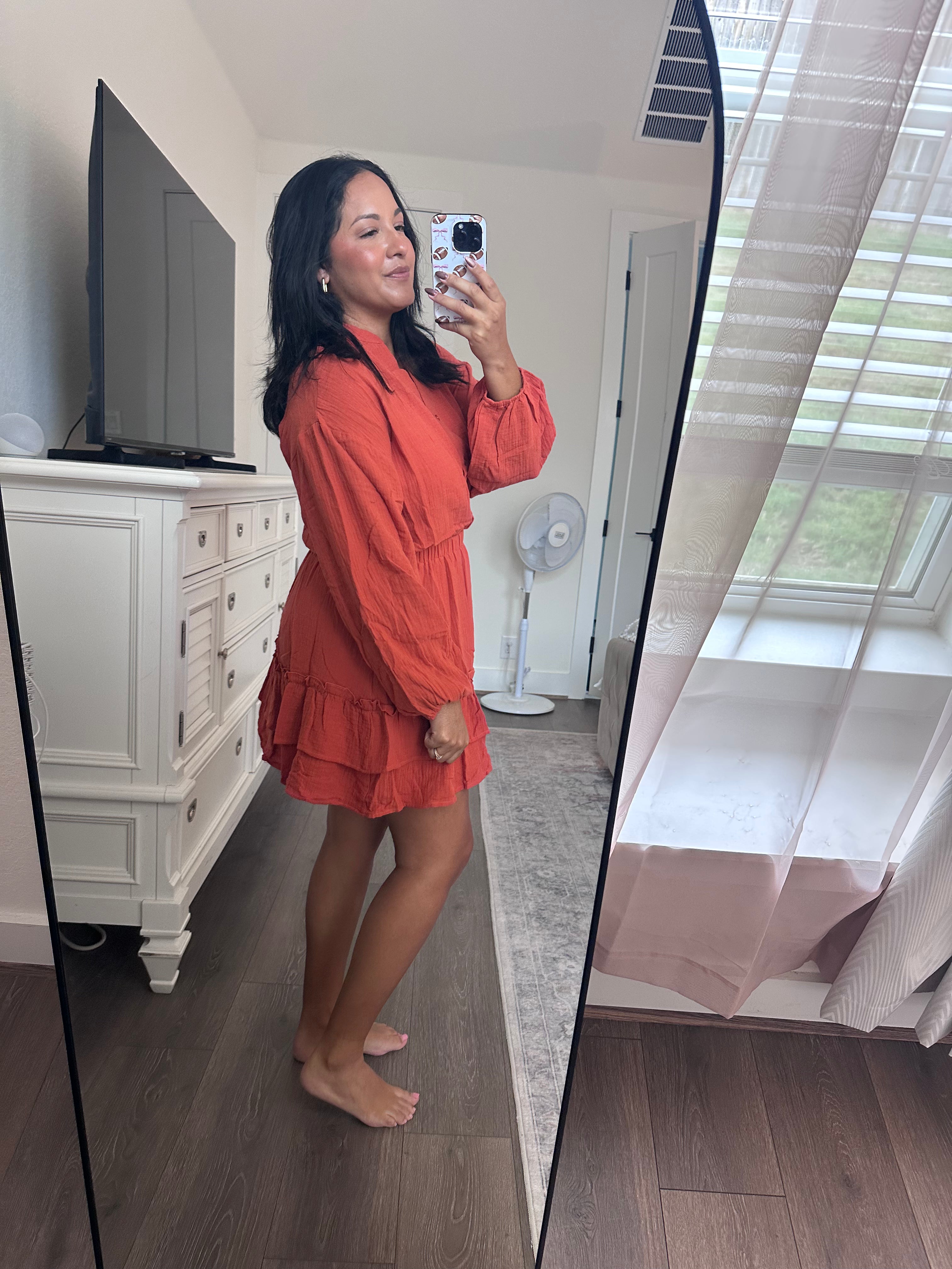 Rust Long Sleeve Tiered Ruffle Mini Dress