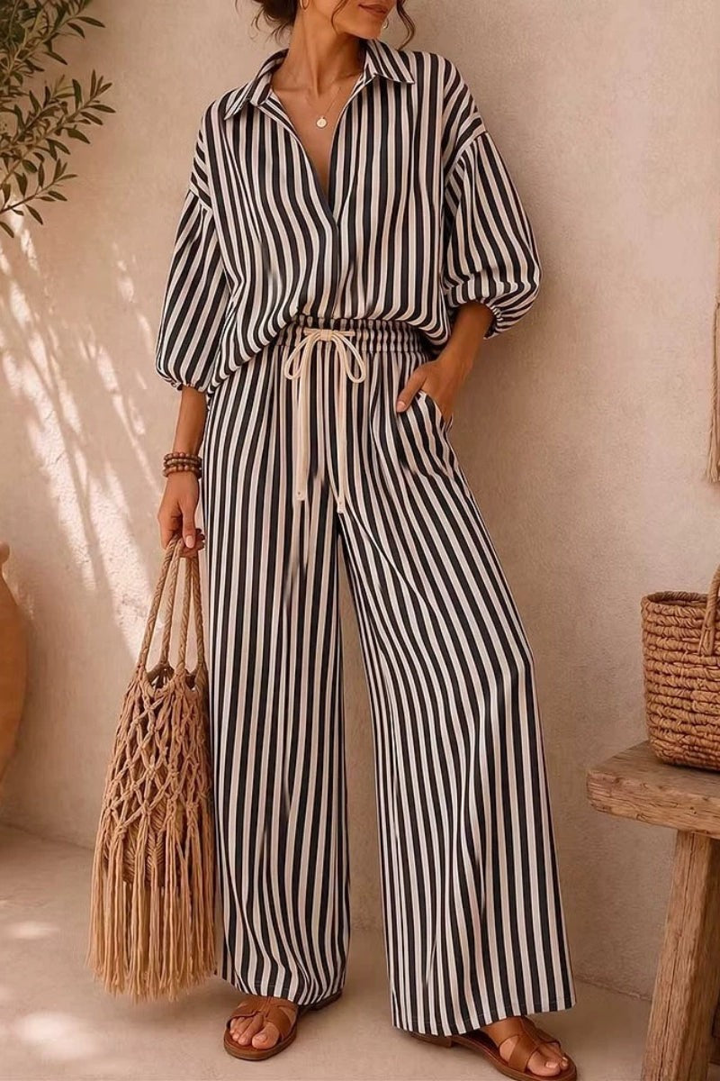 Black Striped Shirt Wide Leg Pants Two Piece Matching Set